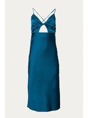 Endless Blu Teal Strappy Satin Back Tie Midi Biased Dress Deep Sea Blue